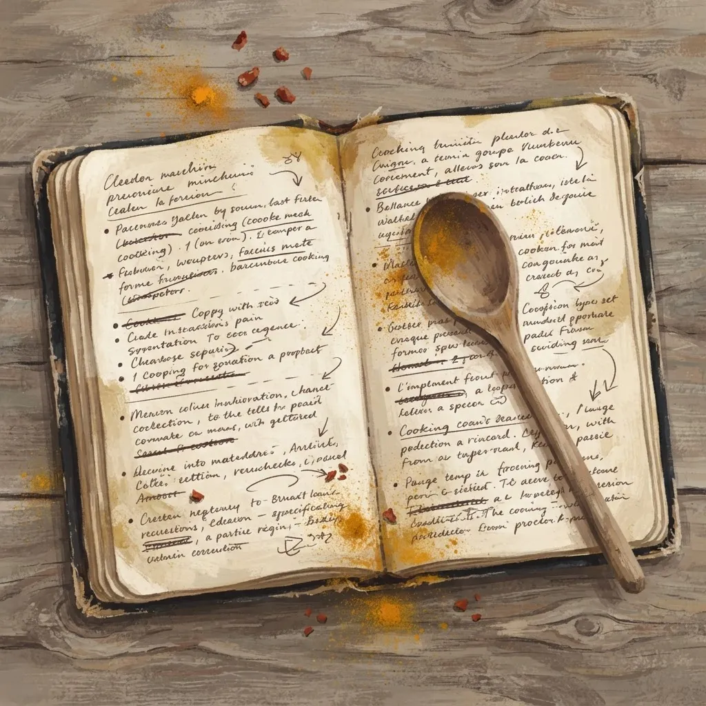 An illustrated open recipe notebook covered in handwritten scribbles, with a wooden spoon resting across its pages
