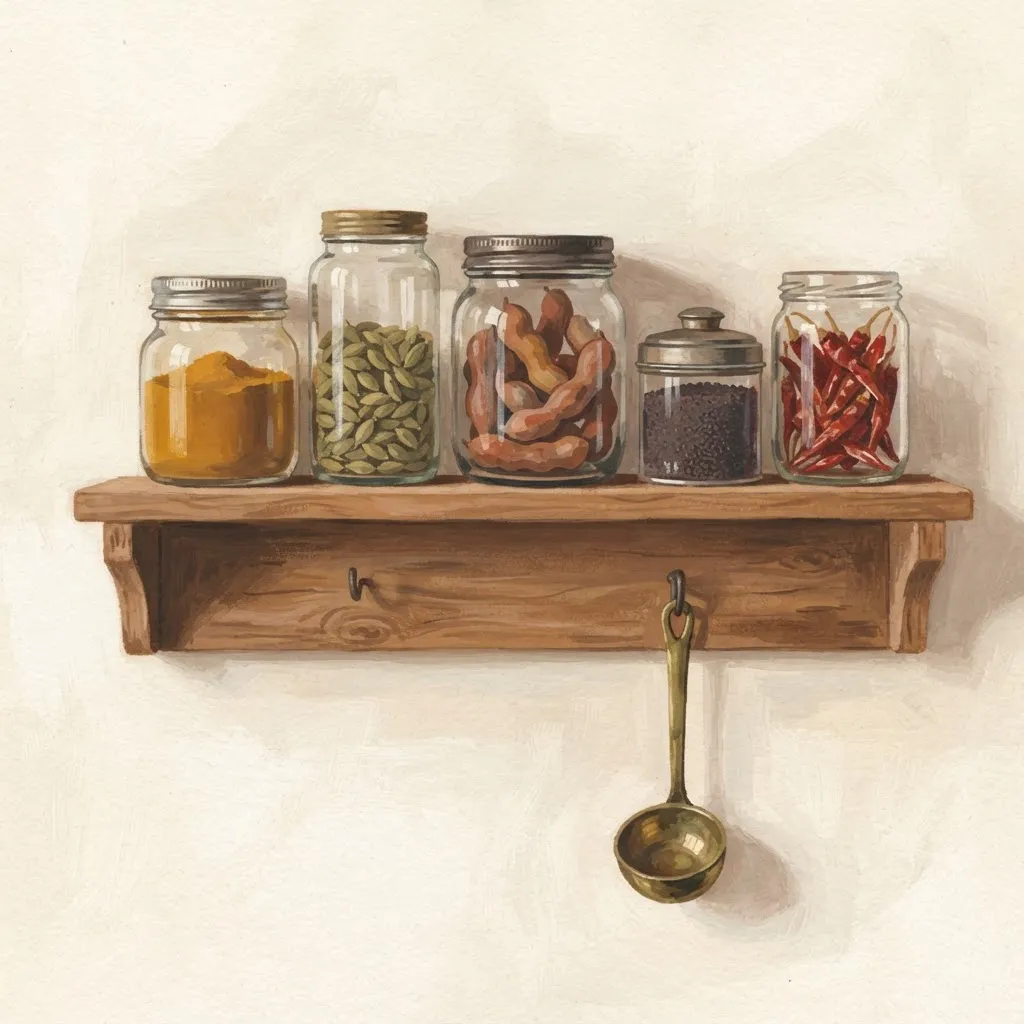 An illustrated kitchen shelf holding labeled spice jars and tins, with a brass ladle hanging beside them